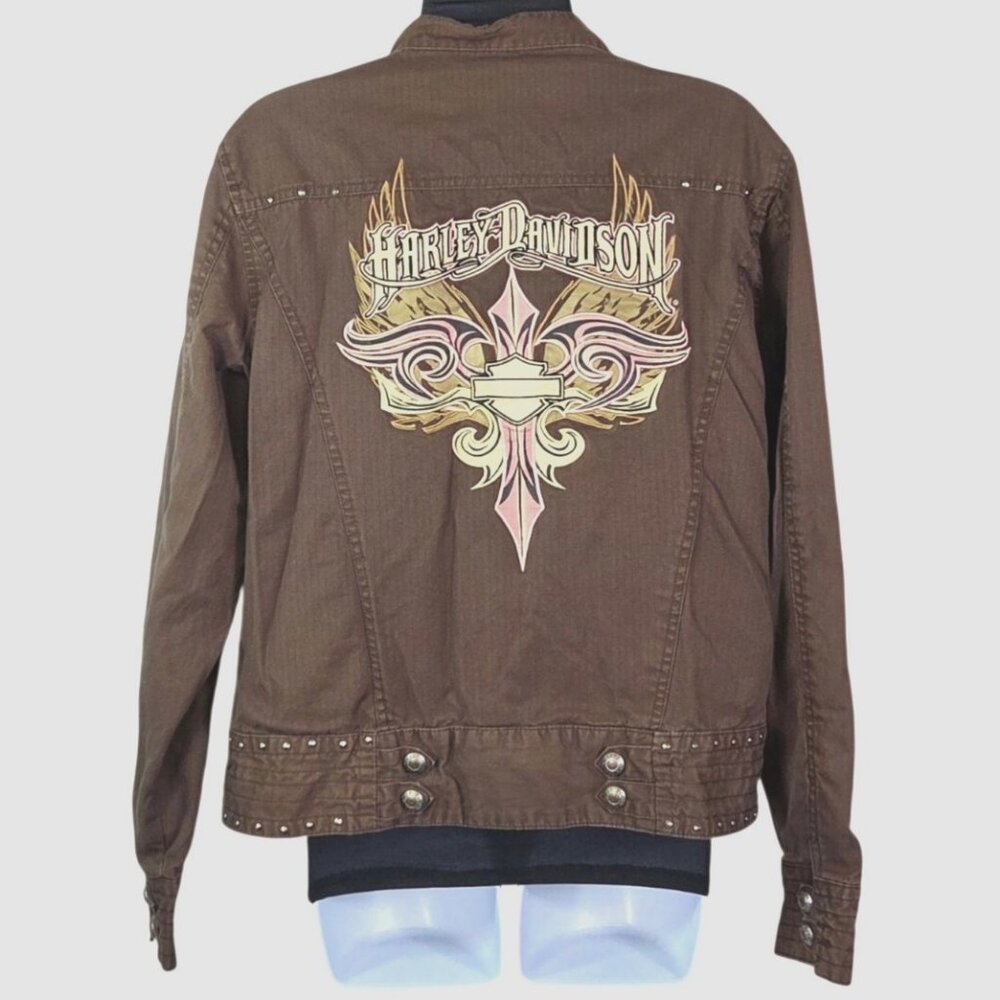 Harley-Davidson Womens Brown Studded Jacket W Embroidered Logo Back Zip Front Lg
